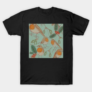 Robin, holly and mistletoe continuous line T-Shirt